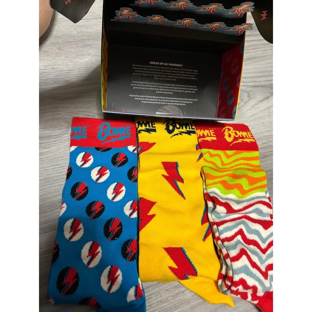 Happy Socks Mens David Bowie 3-Pack Crew Socks Cotton Blend 8-12 Multi Lightning